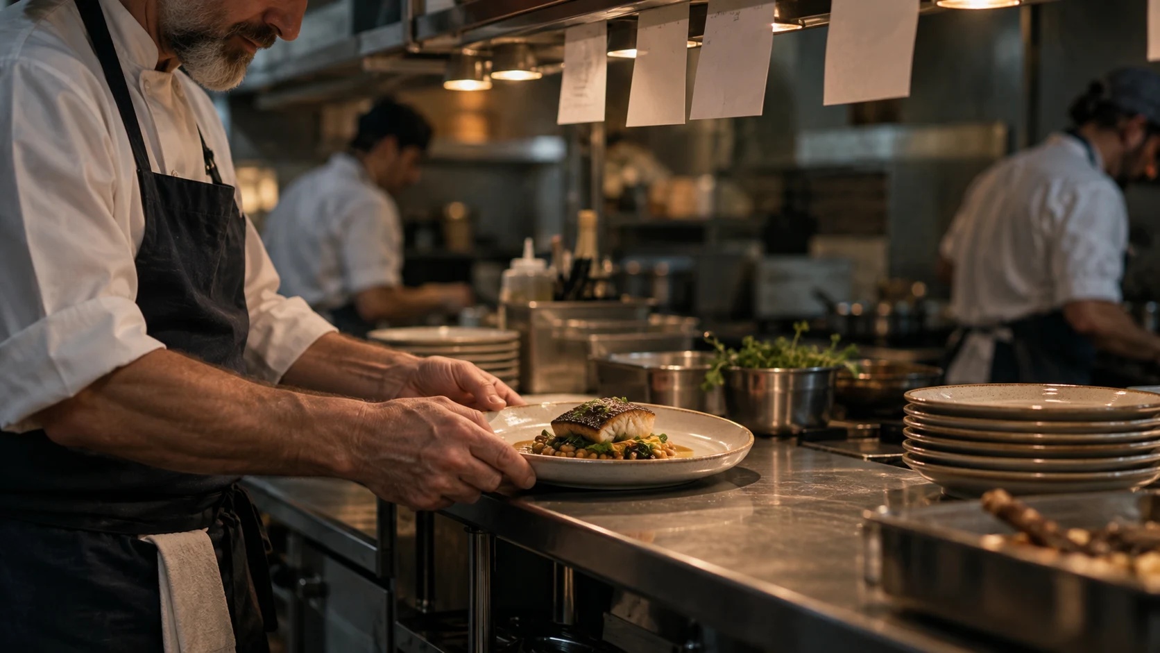 Chef inspecting a finished plate at a restaurant pass before it leaves for service