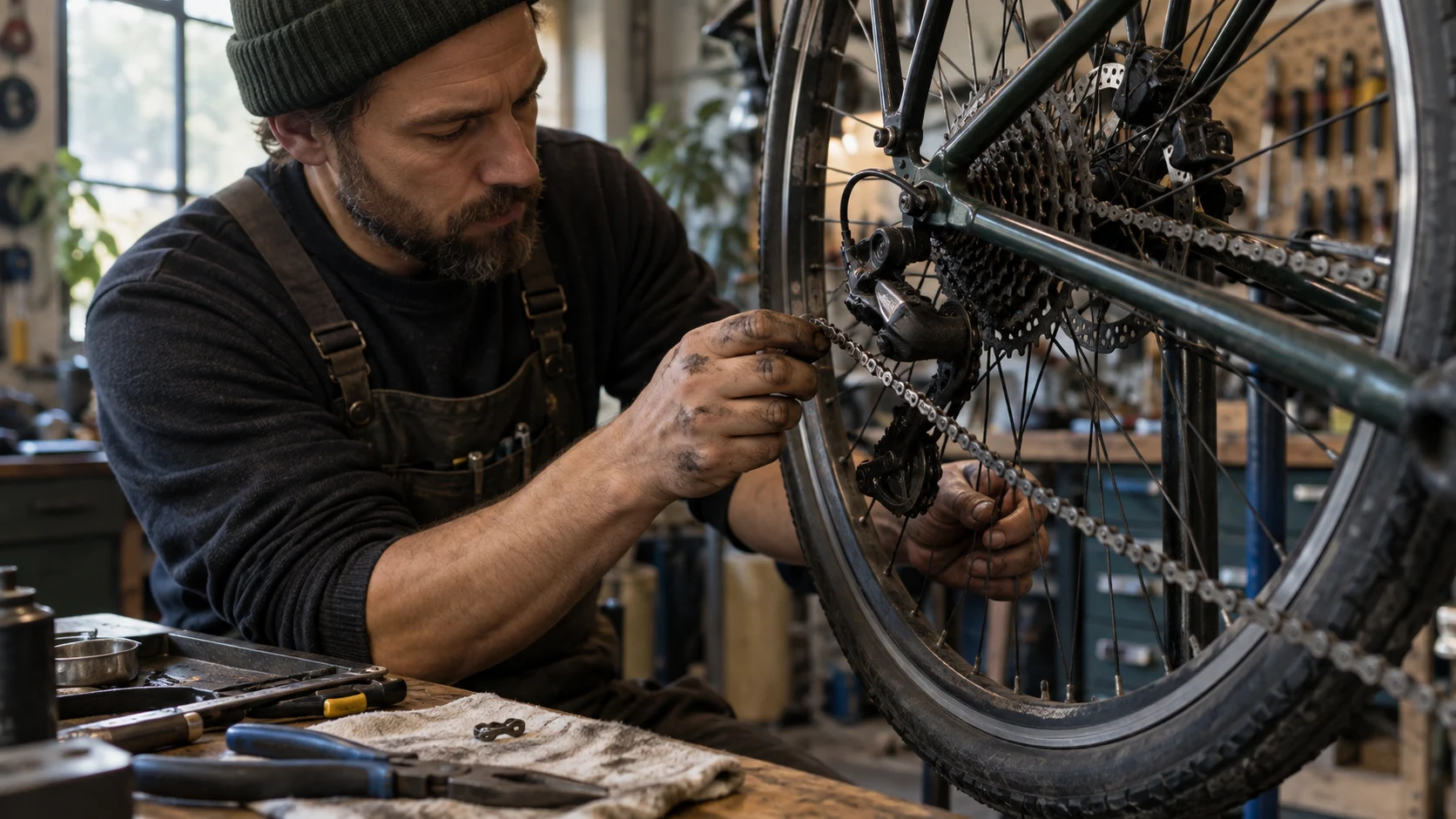 Bicycle mechanic repairing a jammed chain with a replacement link beside the work area
