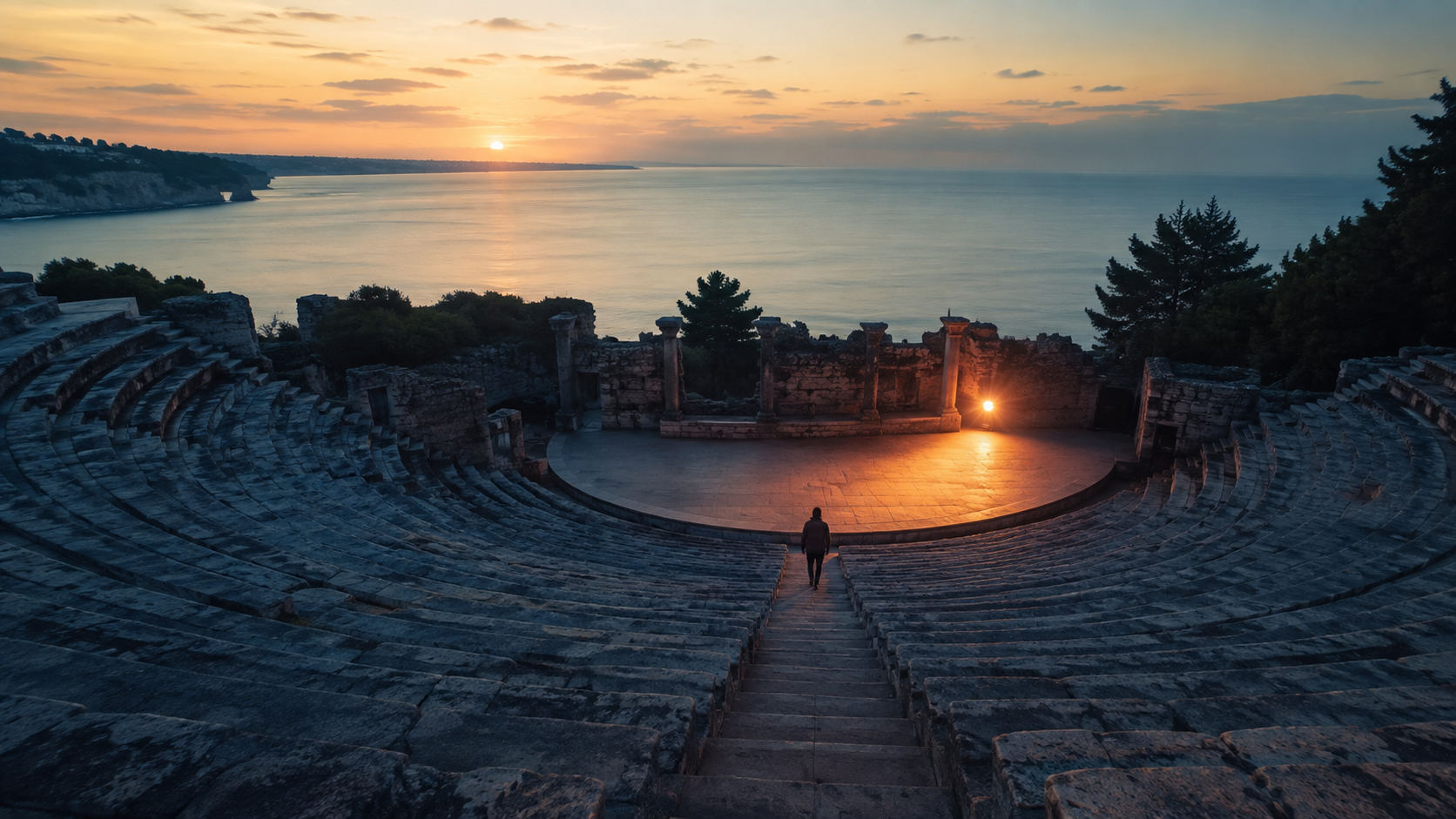 An empty outdoor amphitheater at sunrise with a single warm stage light and a person walking away.