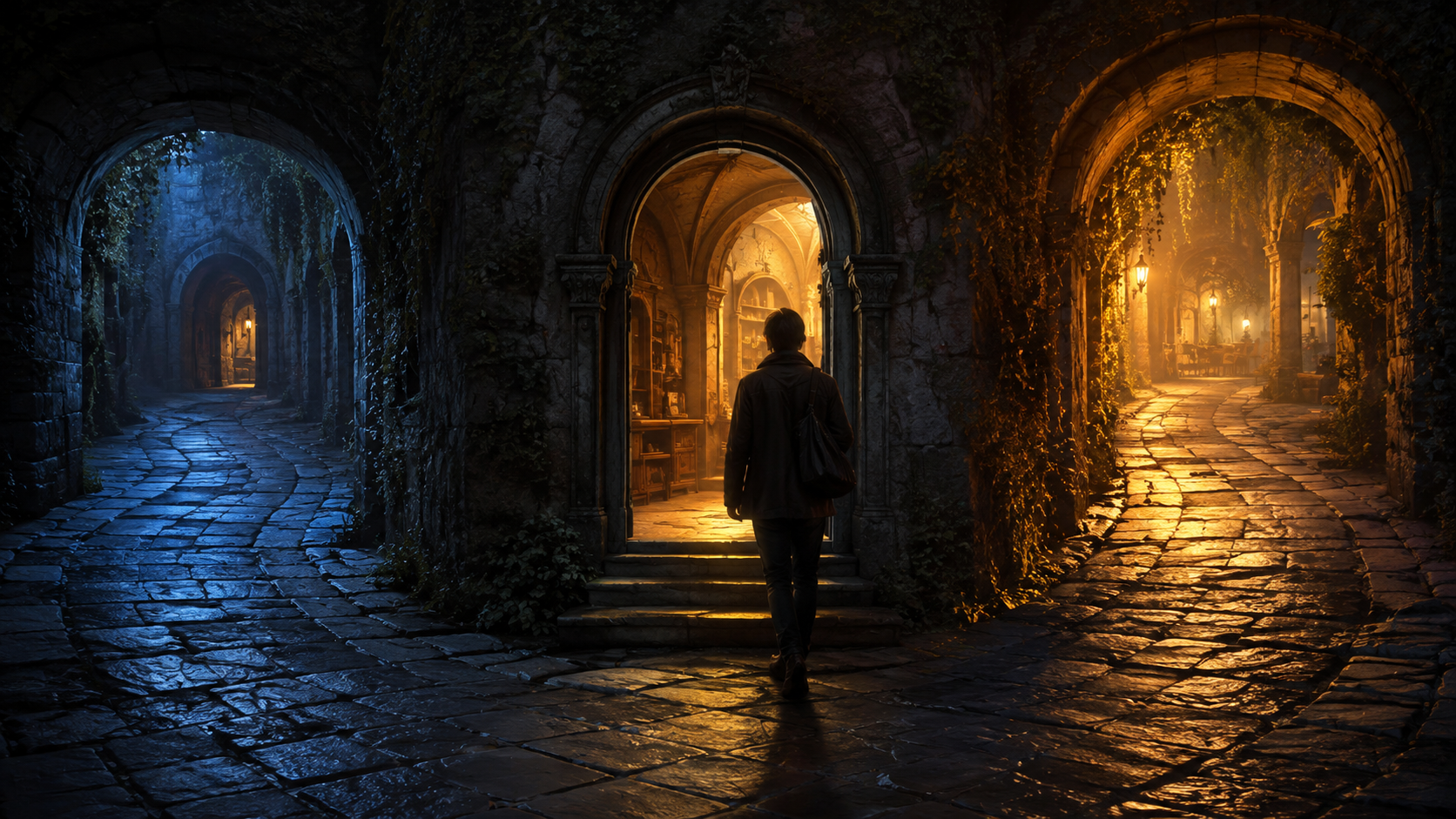 A person enters a middle archway in a passage with cool blue paths behind and warm paths ahead.