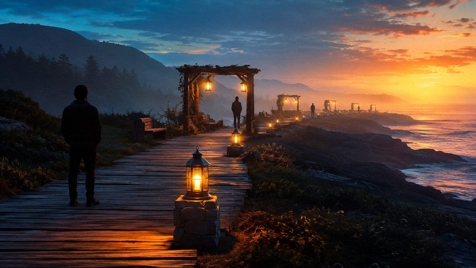 A coastal boardwalk leads past a sequence of illuminated lanterns toward a brighter horizon.