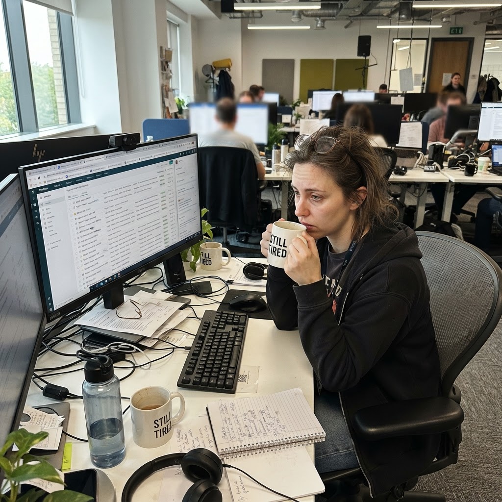The reality of managing support volume without data hygiene A customer support team member looking at multiple support tickets with visible frustration, coffee nearby, open office environment with natural daylight