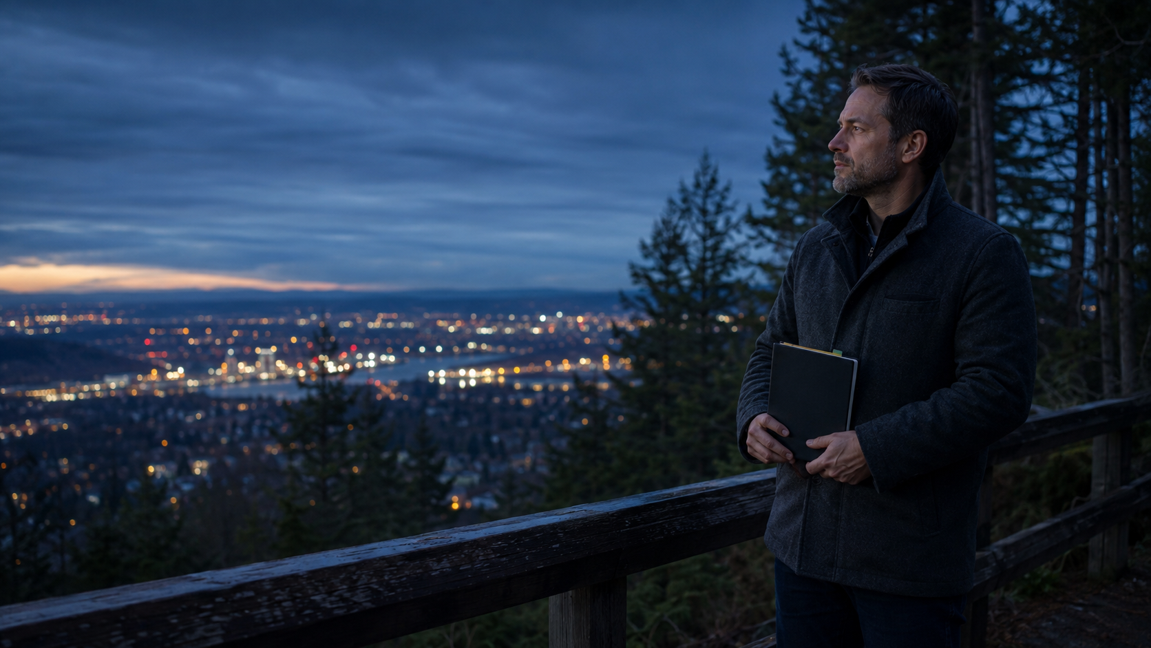 An operations lead closing a notebook after a cost decision at a city overlook.