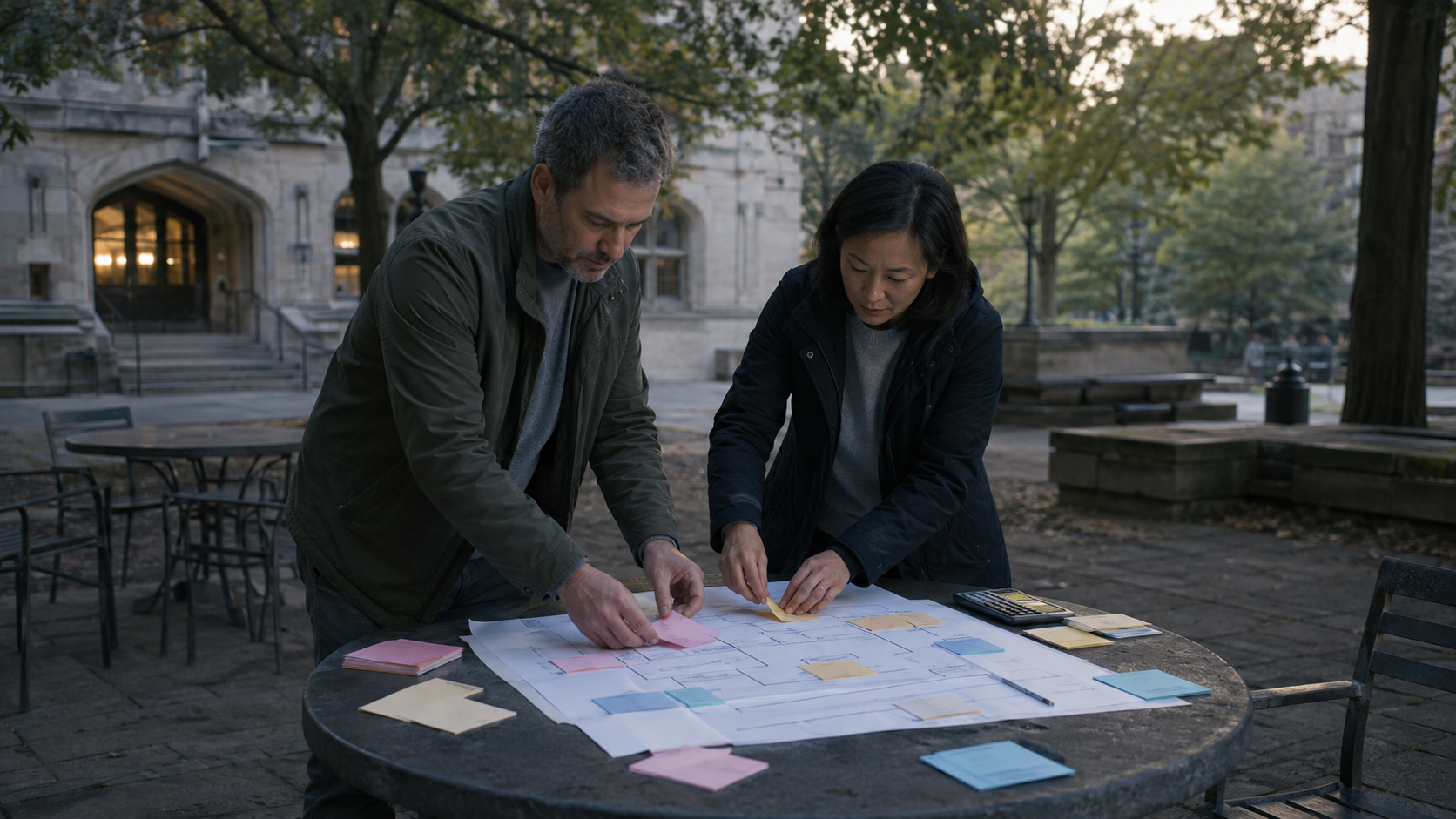 Two operations specialists tracing a physical workflow map and deciding which work needs model reasoning.